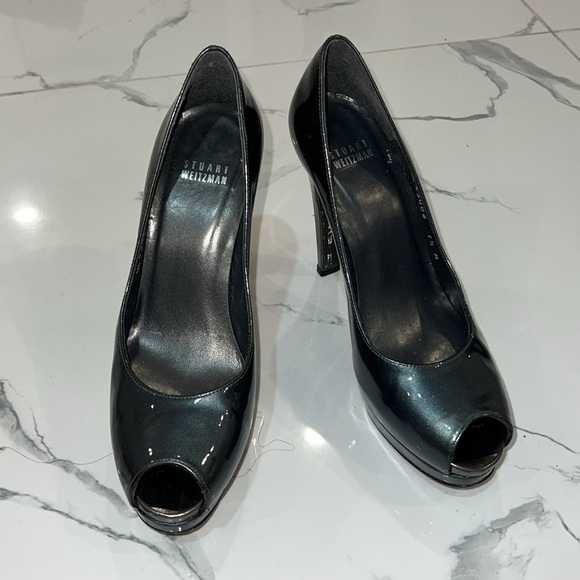 STUART Weitzman Shiny Gray peep toe platform evening prom high heels size 7.5 M - Picture 3 of 16